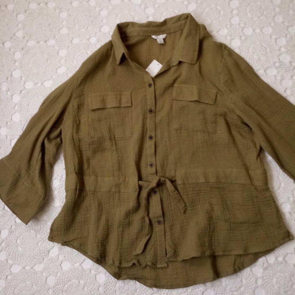 Cato Olive Green Button-Down Tie-Waist Shirt